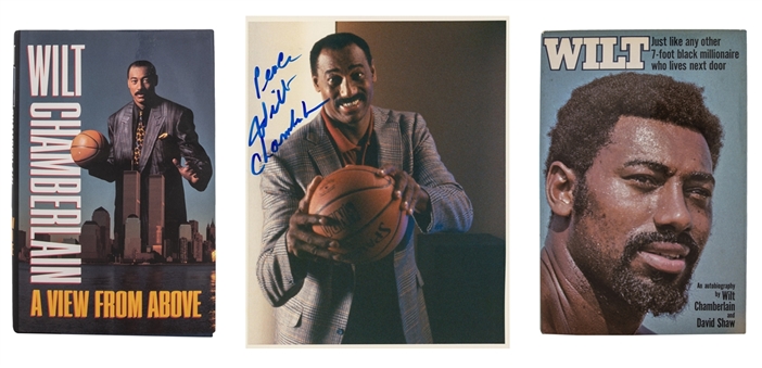 Lot of (3) Wilt Chamberlain Signed & Inscribed Collection Featuring Hard Cover Books and 8x10 Photo (JSA)
